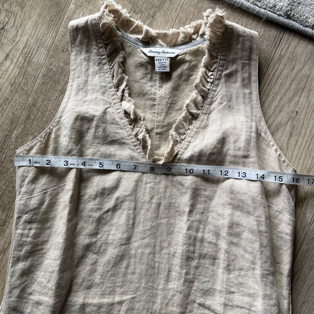 Tommy Bahama 2 Palms Ruffle Taupe Linen Shift Dress | XXS - Picture 5 of 9